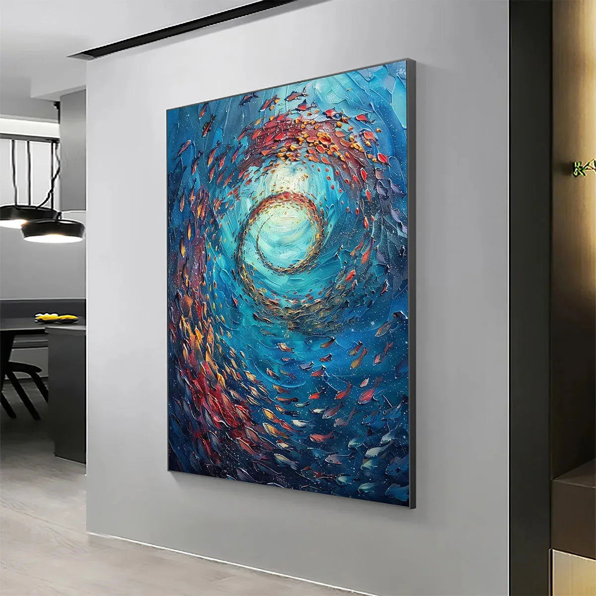 OCEANIC VORTEX: Vertical Impasto School Of Fish Swirling Underwater Canvas