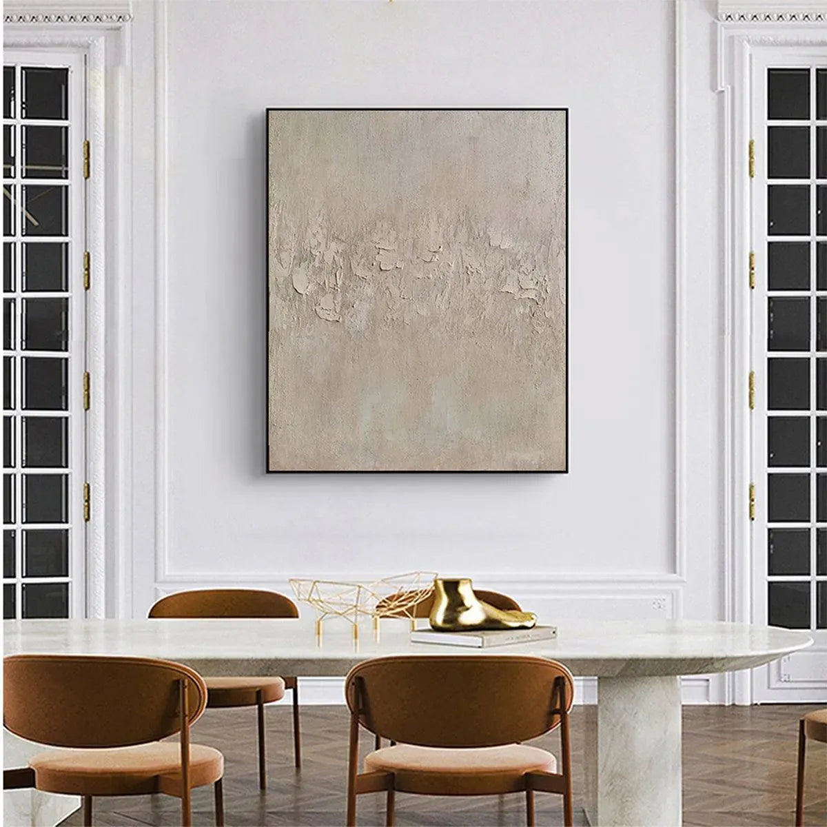Textured beige abstract painting by Javier Ramirez. Modern minimalist wall art for home decor, neutral tones.