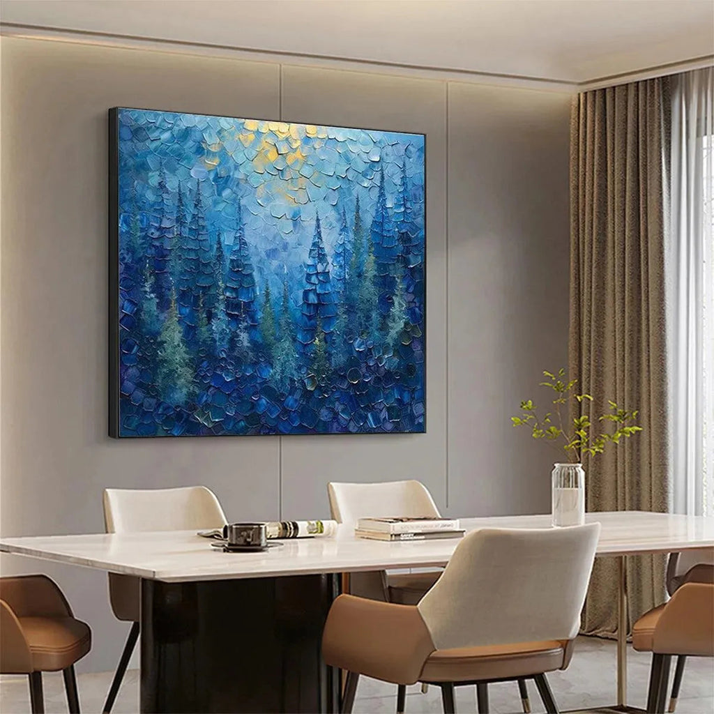 BLUE FOREST: Blue Layered Trees Thick Impasto Canvas