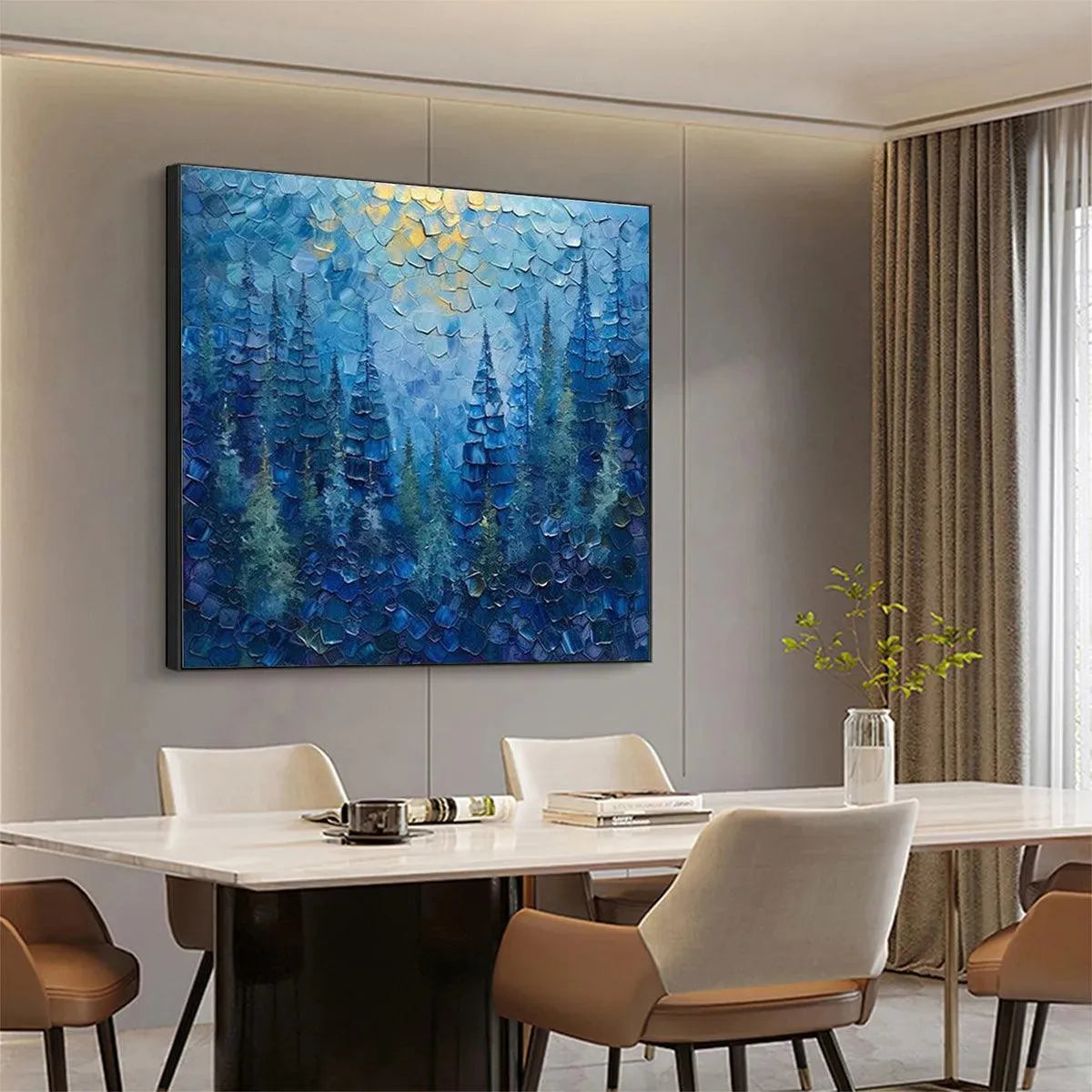 BLUE FOREST: Blue Layered Trees Thick Impasto Canvas