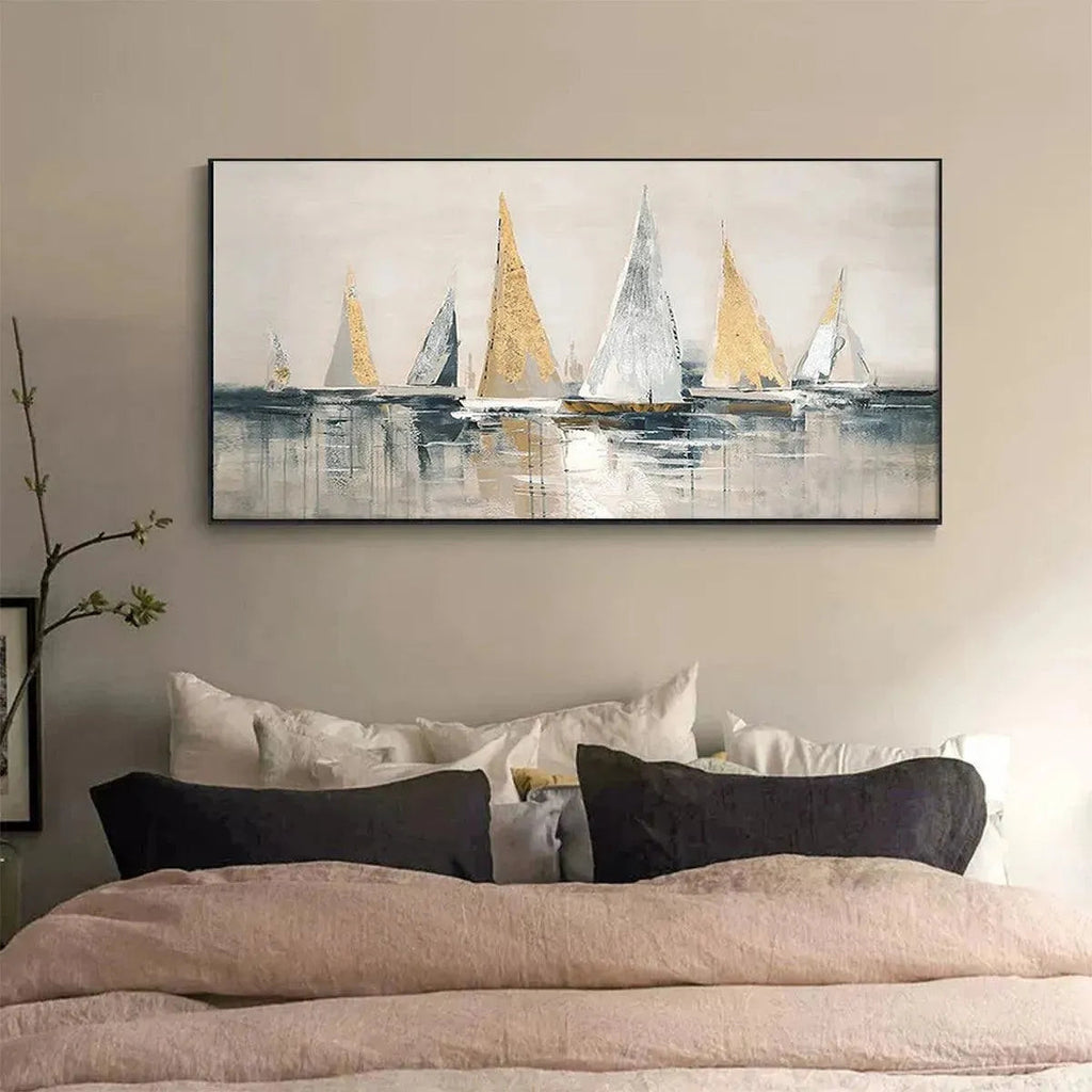 Golden Sailboats by Isabella Rossi, textured seascape painting, gold and silver sailboat wall art, horizontal above bed decor