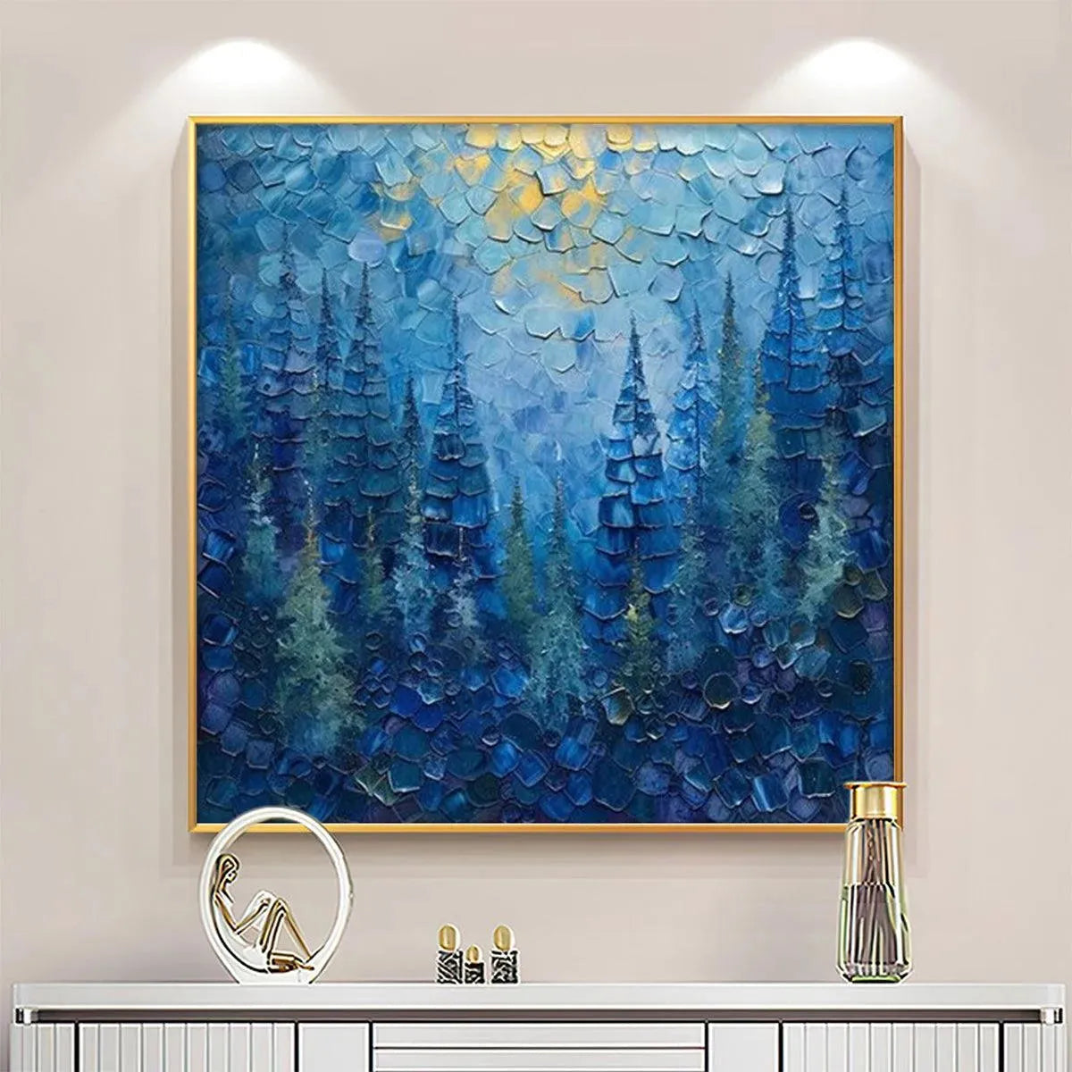 BLUE FOREST: Blue Layered Trees Thick Impasto Canvas