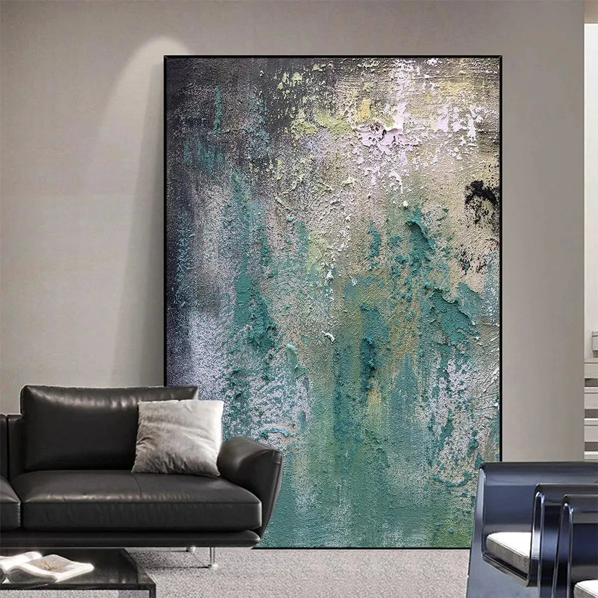 Isabella Rossi Textured Green Abstract impasto painting, vertical wall art with green, black and white tones