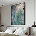 Textured Green Abstract by Isabella Rossi, impasto painting, vertical wall art, green and black tones, bedroom decor.