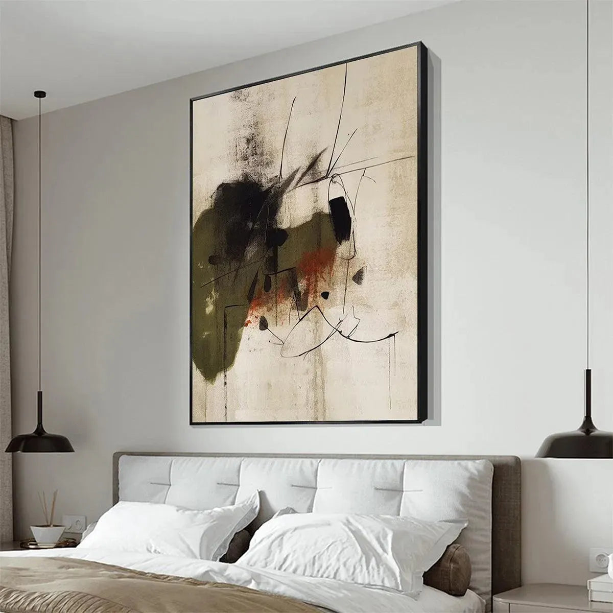 Liam O'Connell's UNTITLED ABSTRACT minimalist art, vertical, earthy tones, black frame, bedroom wall decor.
