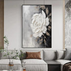 Isabella Rossi's Textured White Rose impasto painting, square wall art, 3D floral design, black frame, neutral palette decor.