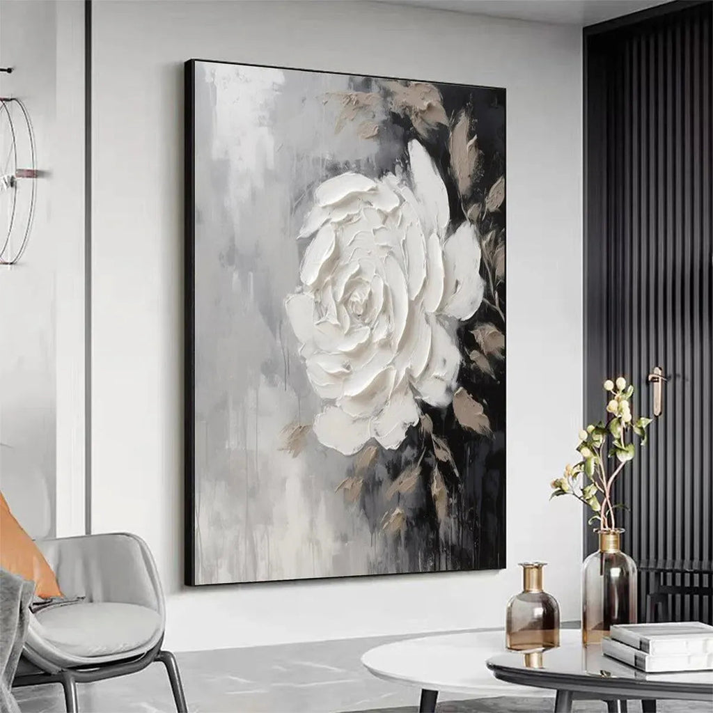 Textured White Rose Impasto Painting by Isabella Rossi, square wall art with a neutral palette, 3D floral design.