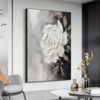 Textured White Rose Impasto Painting by Isabella Rossi, square wall art with a neutral palette, 3D floral design.