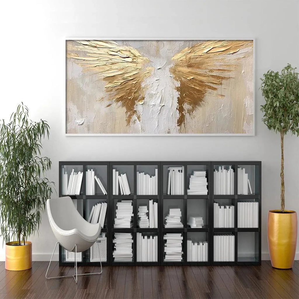 Textured gold wings abstract painting in a modern living room, panoramic canvas art
