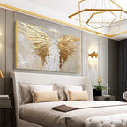 Textured abstract painting of golden wings on beige background, displayed above a bed in a modern bedroom.