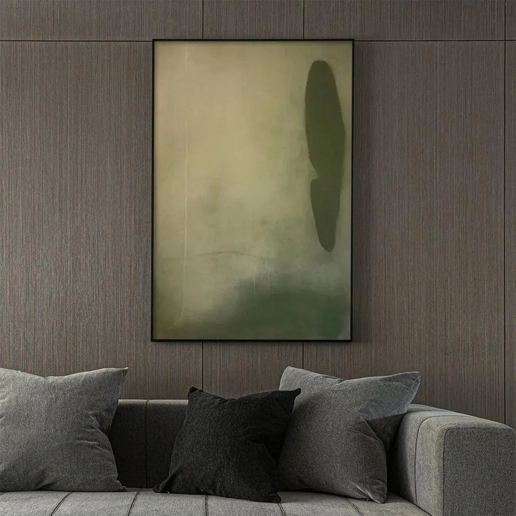 Olive Serenity vertical abstract painting with muted olive green and beige textured abstract shape.