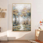 Golden Forest Path vertical wall art by Liam O'Connell. Textured landscape with gold, blue, and grey tones, framed in gold.