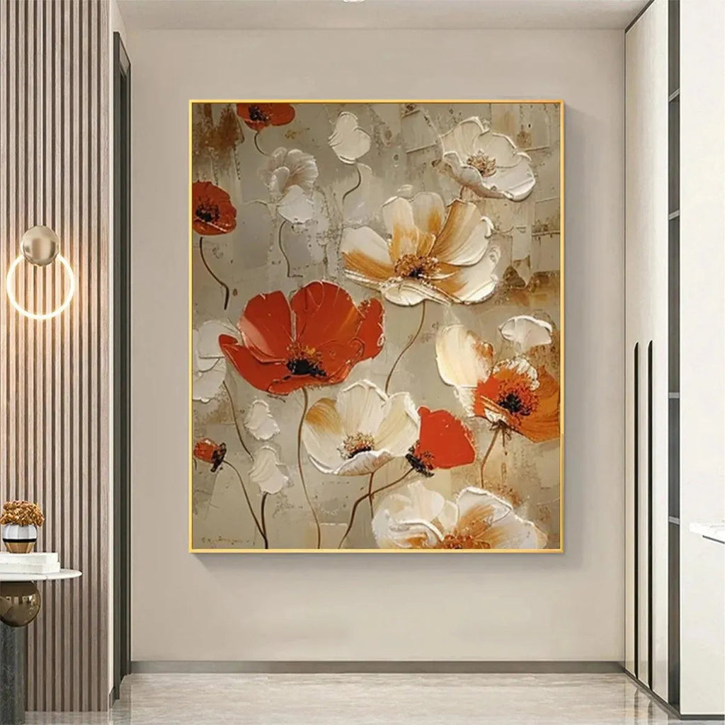 CRIMSON FIELDS: Red White Floral Oil Painting