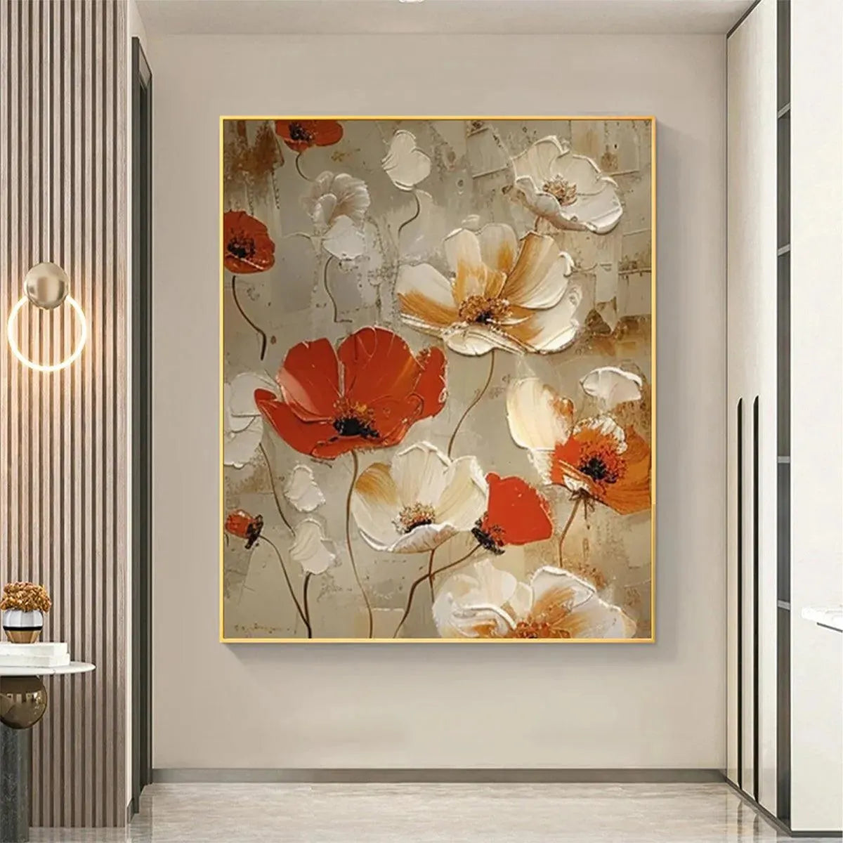 CRIMSON FIELDS: Red White Floral Oil Painting