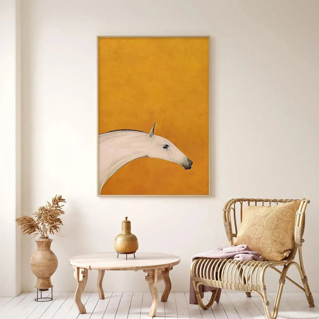 Minimalist white horse painting by Javier Ramirez, vertical wall art. Modern art piece with yellow backdrop for home decor