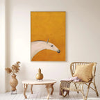 Minimalist white horse painting by Javier Ramirez, vertical wall art. Modern art piece with yellow backdrop for home decor