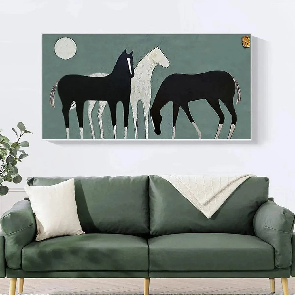Minimalist "Three Horses Under the Moon" panoramic art by Javier Ramirez. Black and white horses, modern wall decor.
