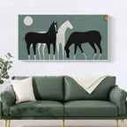 Minimalist "Three Horses Under the Moon" panoramic art by Javier Ramirez. Black and white horses, modern wall decor.