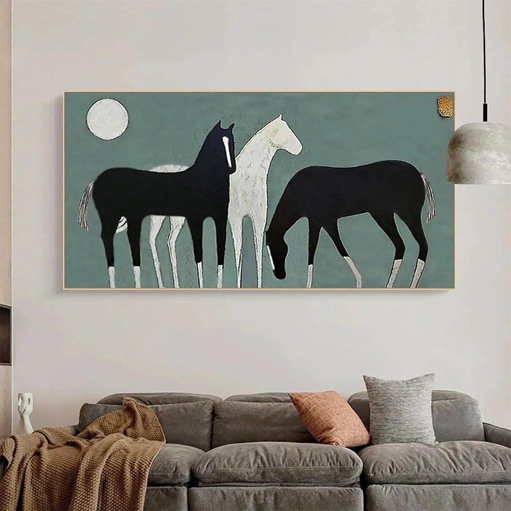 Javier Ramirez Three Horses Under the Moon art print. Minimalist horse painting, black and white, modern wall decor.