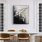 Isabella Rossi textured white floral impasto painting, square wall art with thick 3D blooms on black and white background.