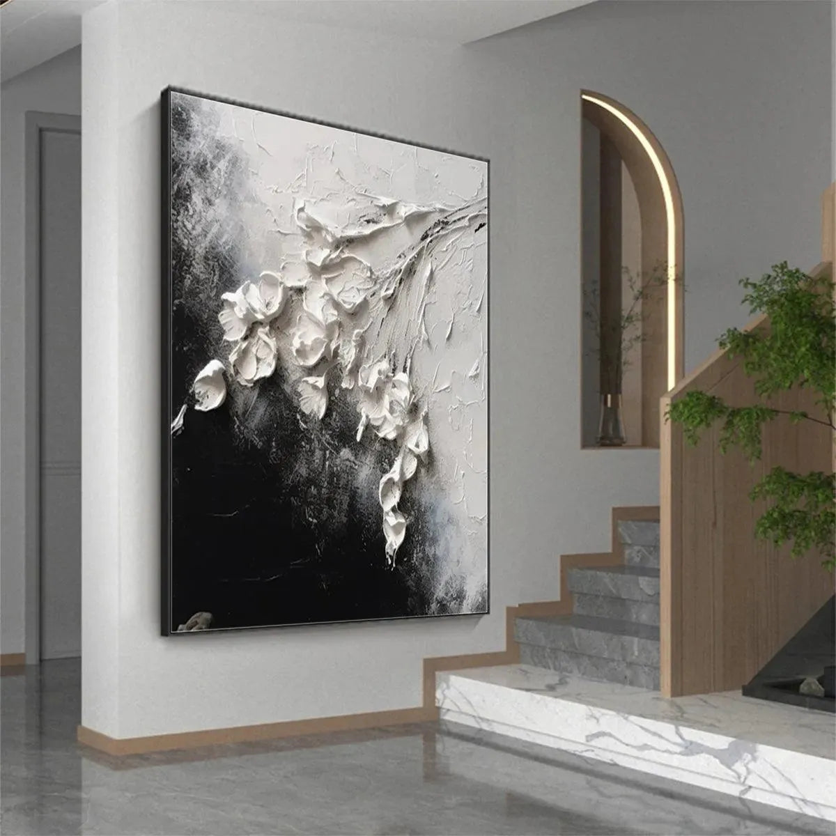 Isabella Rossi textured white floral impasto painting, square wall art with thick 3D blooms on black and white background.
