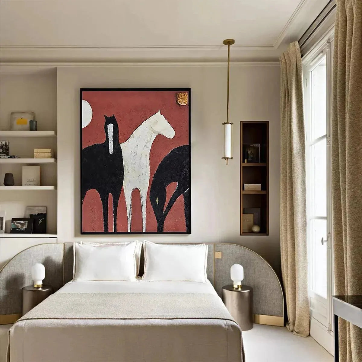 Minimalist vertical painting: white and two black horses on red textured background with gold accent. Lifestyle.