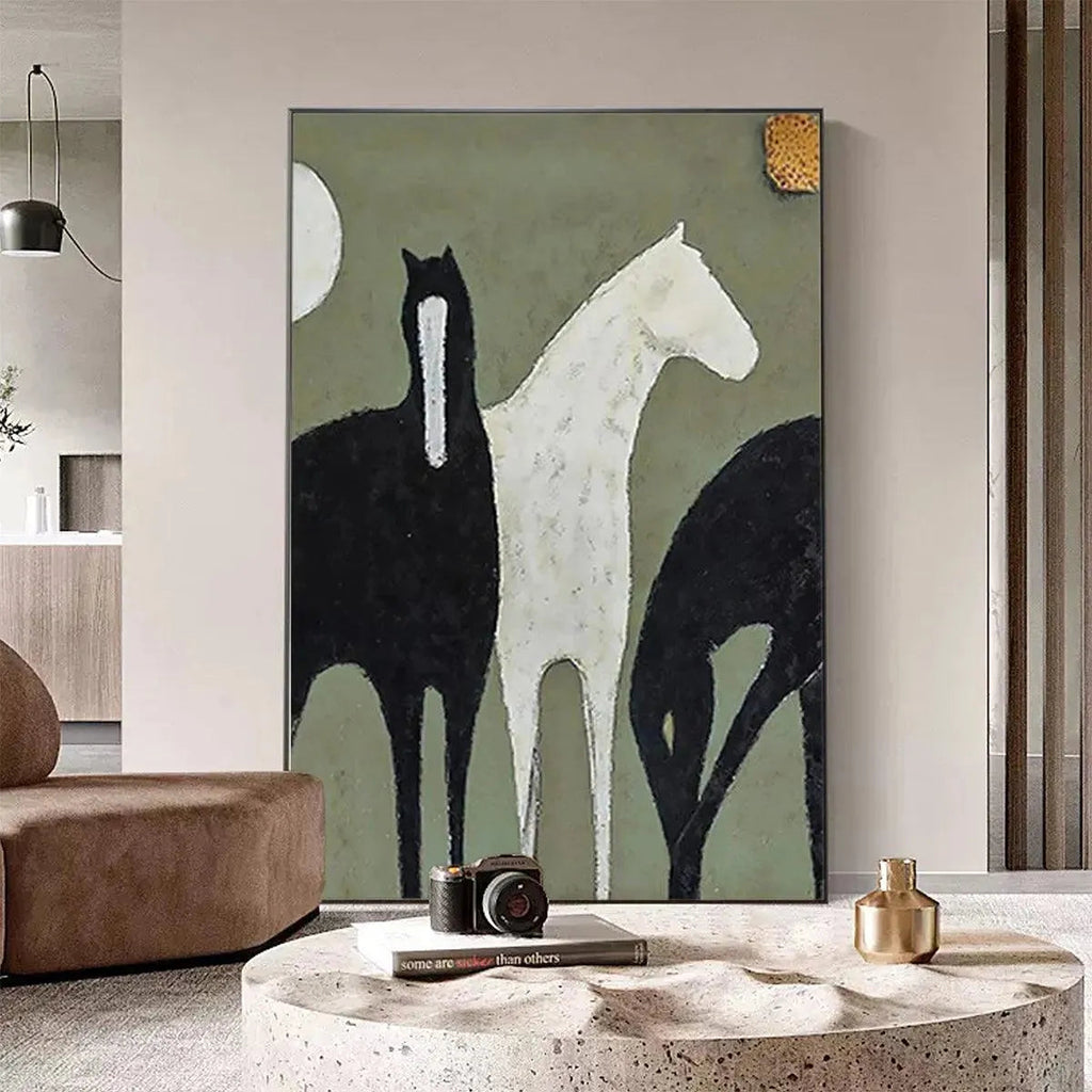 Minimalist painting of three horses, one white and two black, in a living room setting.