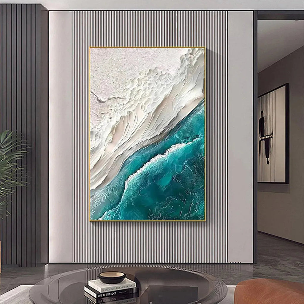 AZURE DREAM textured vertical canvas art with thick teal impasto waves and white sand in modern coastal living room