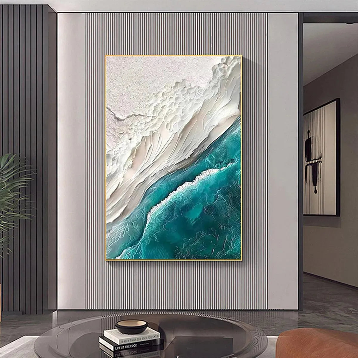 AZURE DREAM textured vertical canvas art with thick teal impasto waves and white sand in modern coastal living room