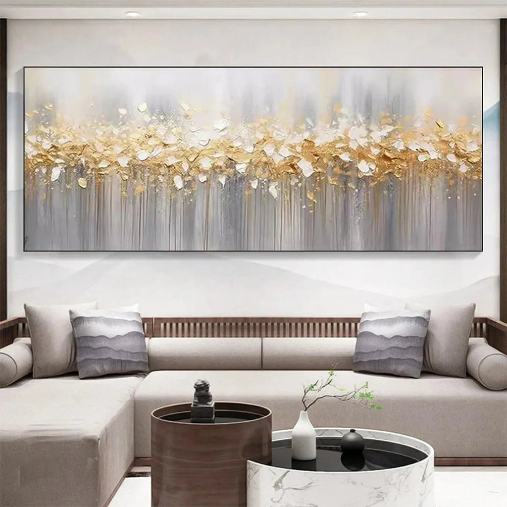 GOLDEN DRIZZLE: Textured Delicate Gold Drizzle Panoramic Canvas