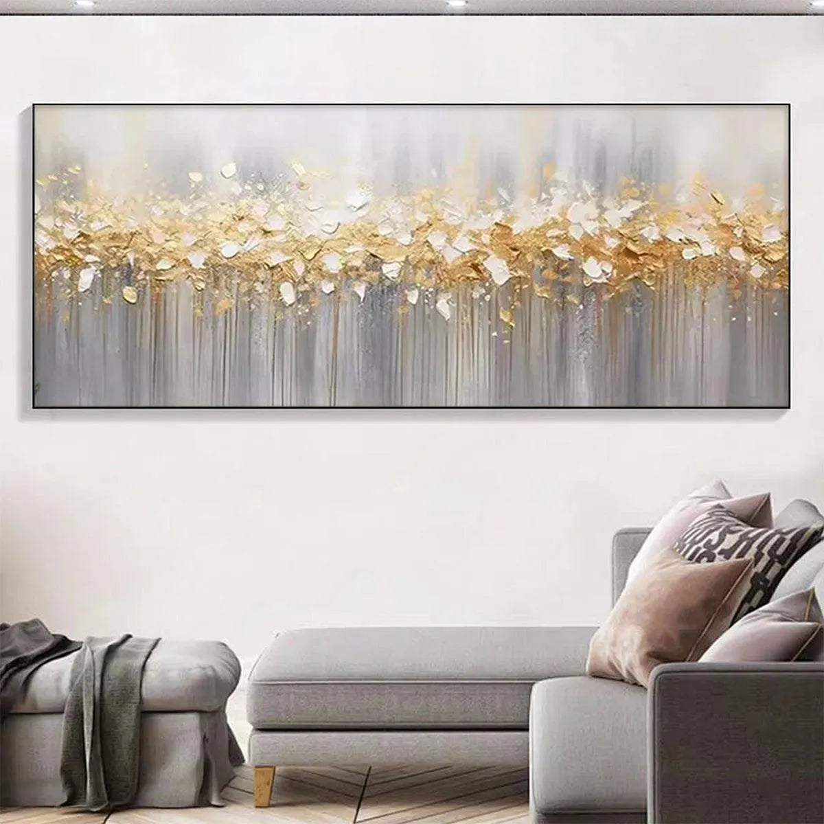 GOLDEN DRIZZLE: Textured Delicate Gold Drizzle Panoramic Canvas