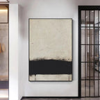 Minimalist black and white landscape painting by Javier Ramirez. Textured abstract art, vertical wall art, modern decor.