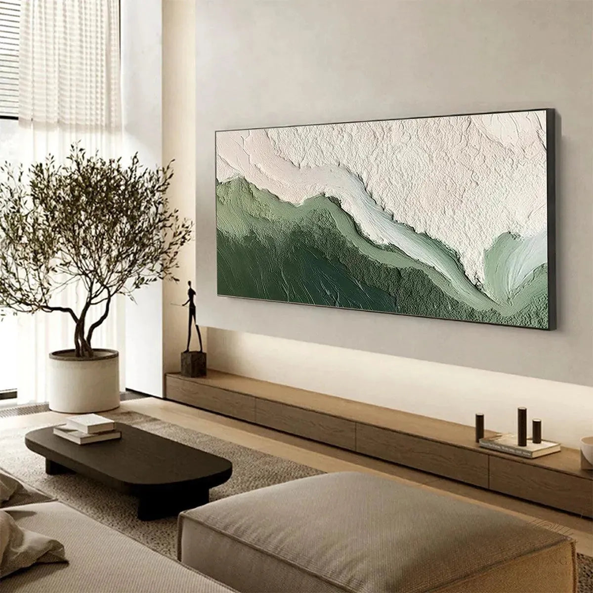 EMERALD FLOW: Flowing Green White Textured Panoramic Abstract Canvas