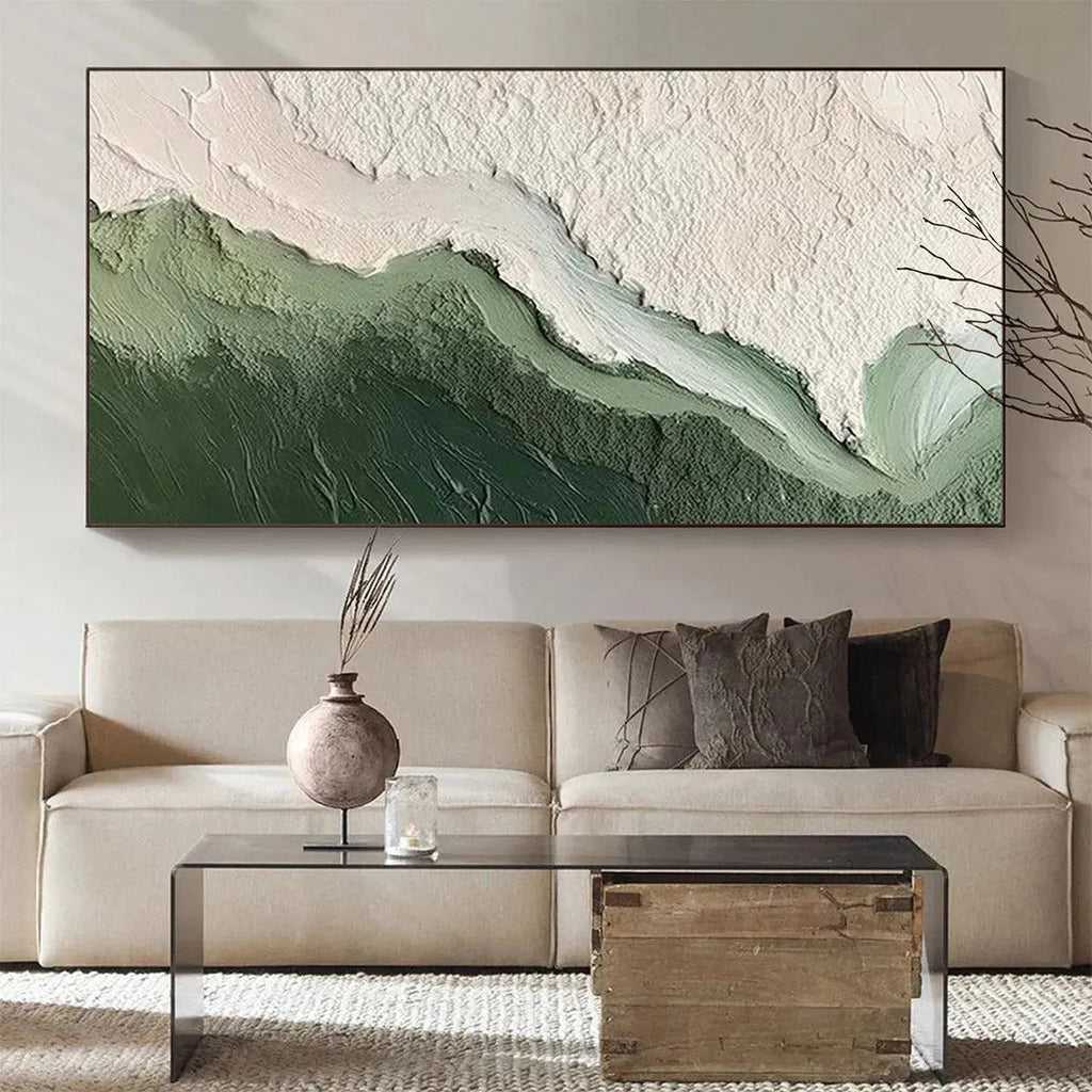 EMERALD FLOW: Flowing Green White Textured Panoramic Abstract Canvas