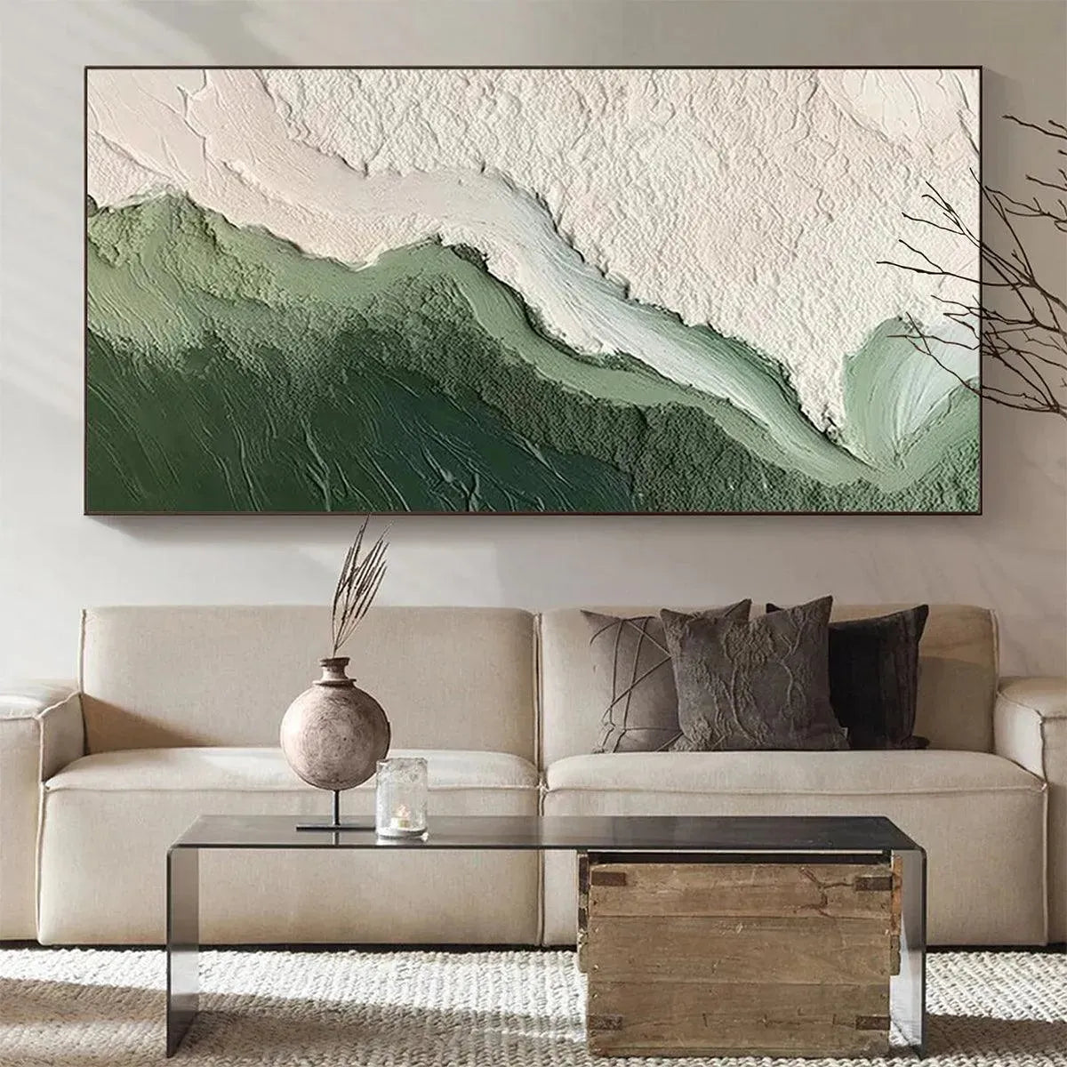 EMERALD FLOW: Flowing Green White Textured Panoramic Abstract Canvas