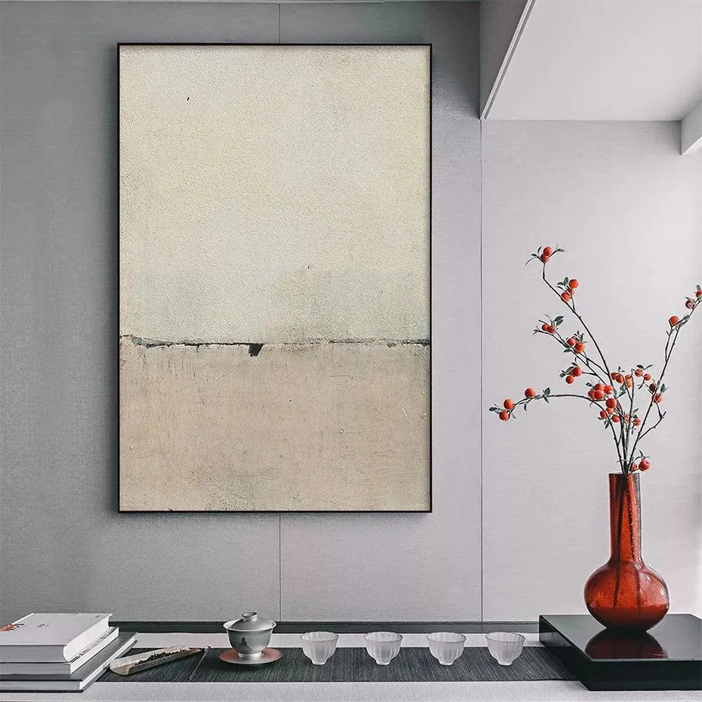 Minimalist Earthscape abstract painting by Javier Ramirez, vertical wall art, neutral tones, textured canvas, modern decor.