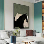 Javier Ramirez minimalist horse art, black and white horses on green background, vertical wall art, above sofa