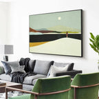 Isabella Rossi's Solitary Figure in Minimalist Landscape painting, horizontal wall art, framed, soft colors.
