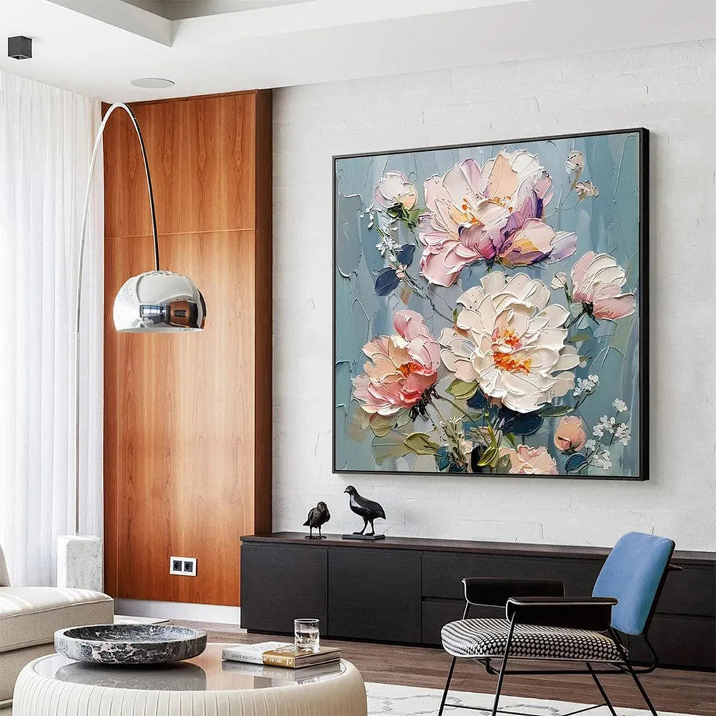 PASTEL PEONIES: Textured Impasto Soft Hues Peonies Full Bloom Canvas