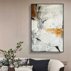 Abstract painting in brown, white, and grey by Javier Ramirez. Modern vertical wall art, home decor.