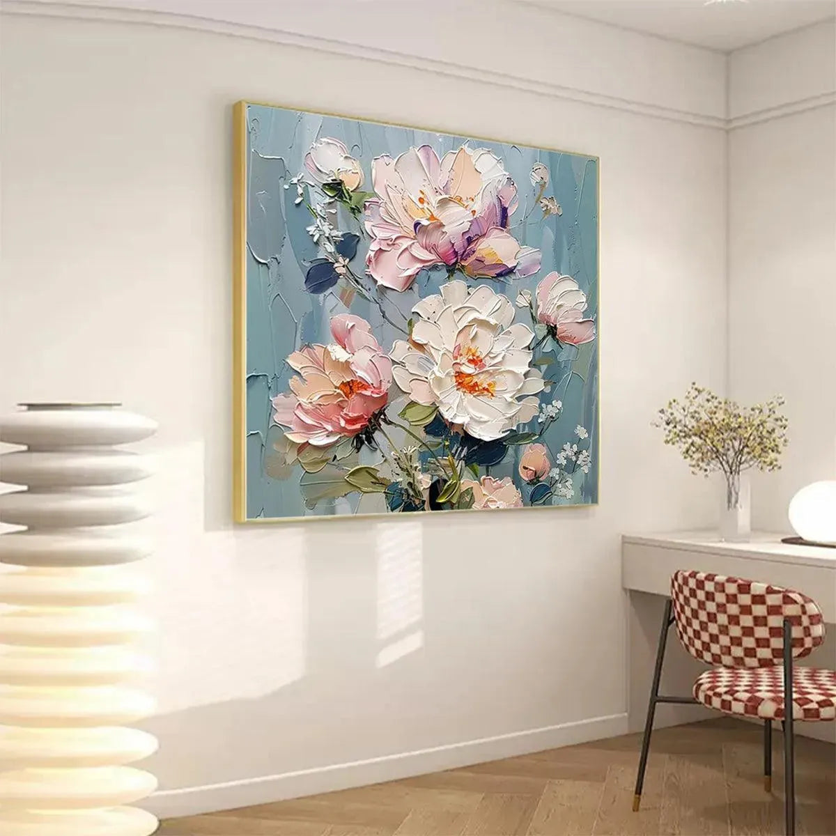 PASTEL PEONIES: Textured Impasto Soft Hues Peonies Full Bloom Canvas