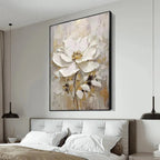 WHITE BLOSSOM: Impasto Single White Flower Gold Accents Canvas