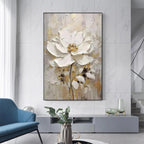 WHITE BLOSSOM: Impasto Single White Flower Gold Accents Canvas