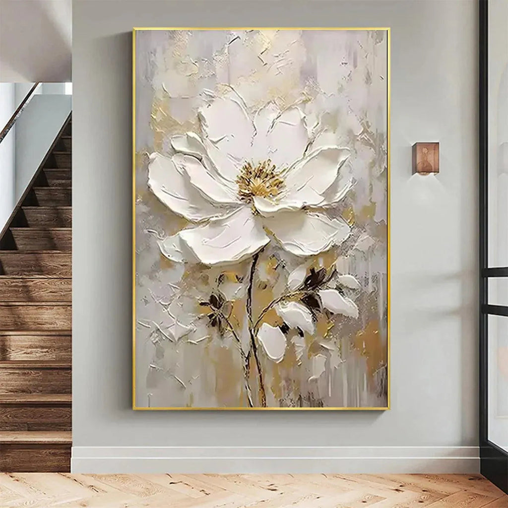 WHITE BLOSSOM: Impasto Single White Flower Gold Accents Canvas