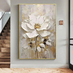 WHITE BLOSSOM: Impasto Single White Flower Gold Accents Canvas