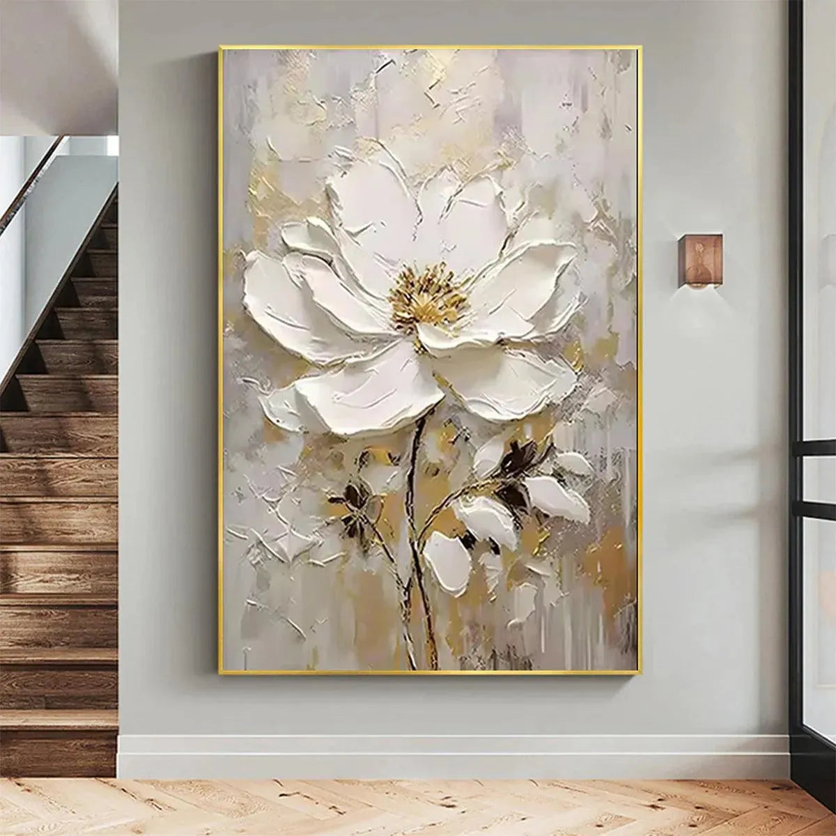 WHITE BLOSSOM: Impasto Single White Flower Gold Accents Canvas