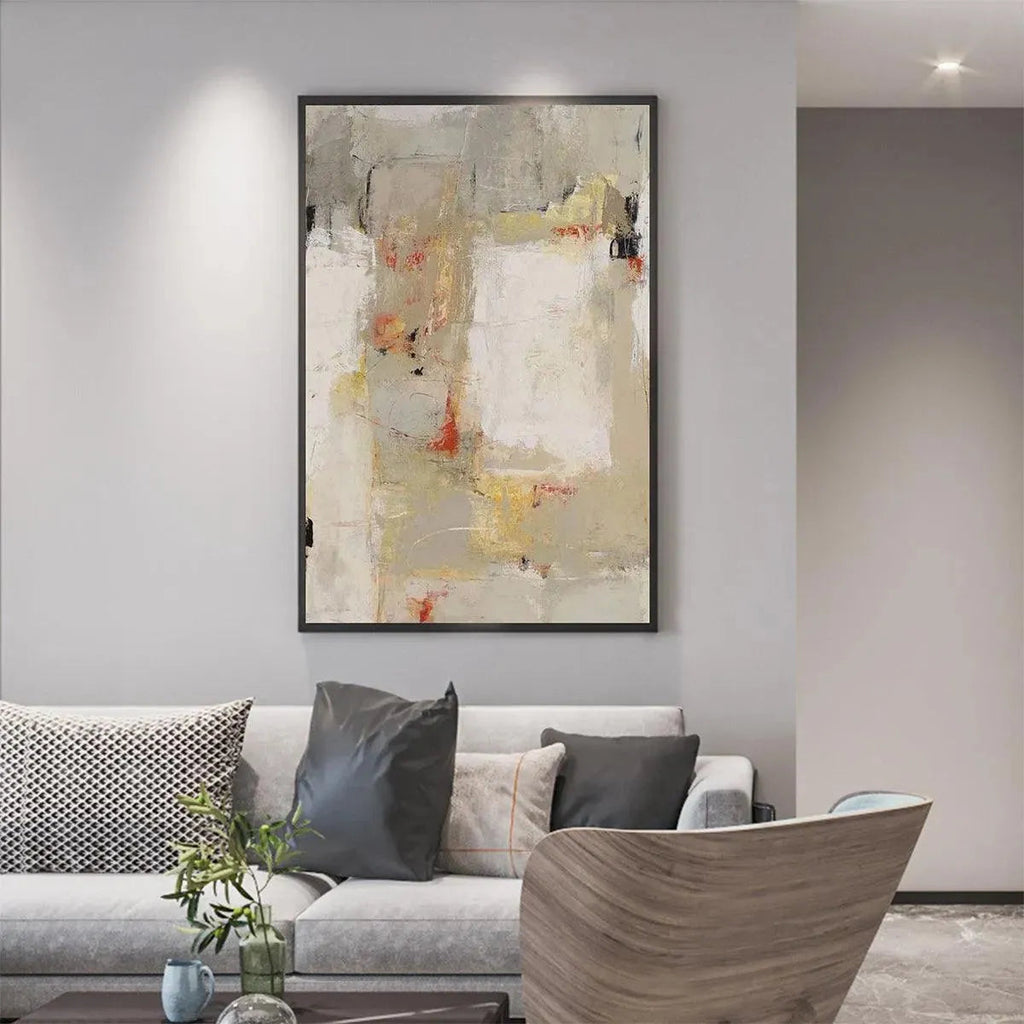 Vertical minimalist art, Neutral Abstraction by Javier Ramirez. Neutral tones and textured brushstrokes for modern home decor.