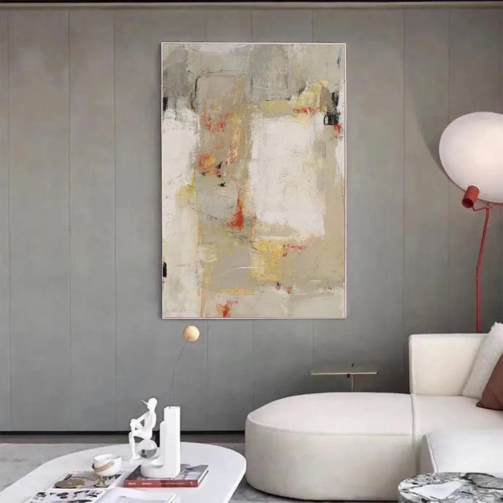 Javier Ramirez minimalist abstract painting in neutral tones, vertical wall art for modern decor.