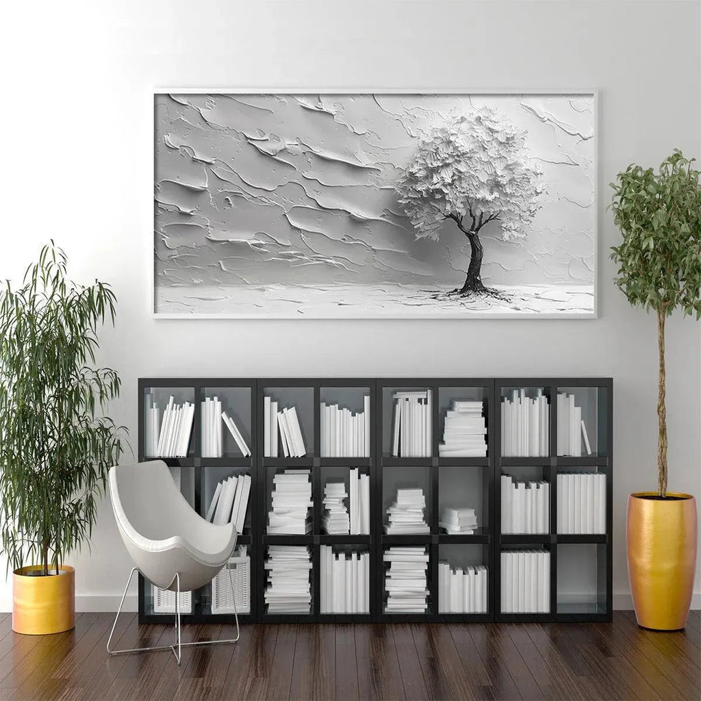 SERENE TREE: Impasto Solitary Tree Monochromatic Panoramic Canvas