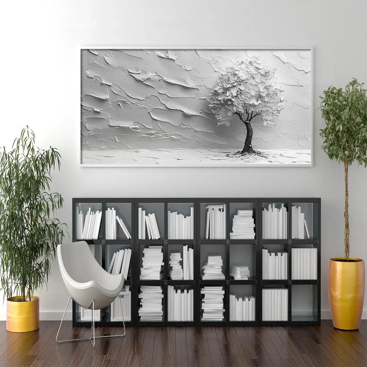 SERENE TREE: Impasto Solitary Tree Monochromatic Panoramic Canvas
